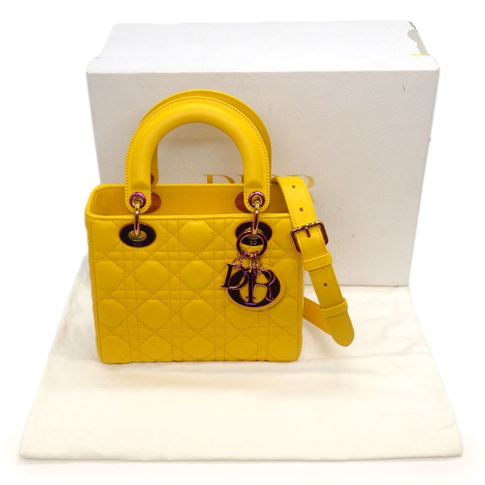 ディオール Dior ハンドバッグ/ショルダーバッグ レディディオール スモール サニーイエロー カナージュラムスキン ピンク金具 【中古】