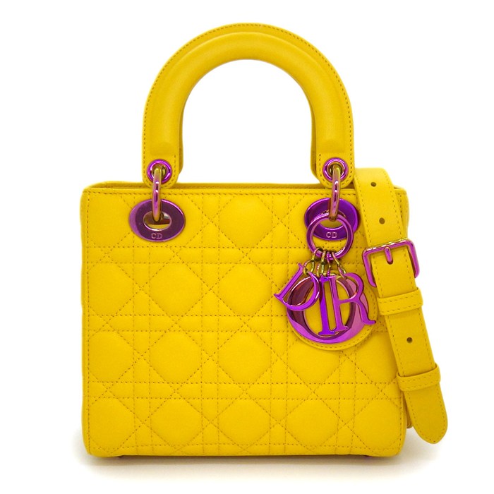 ディオール Dior ハンドバッグ/ショルダーバッグ レディディオール スモール サニーイエロー カナージュラムスキン ピンク金具 【中古】