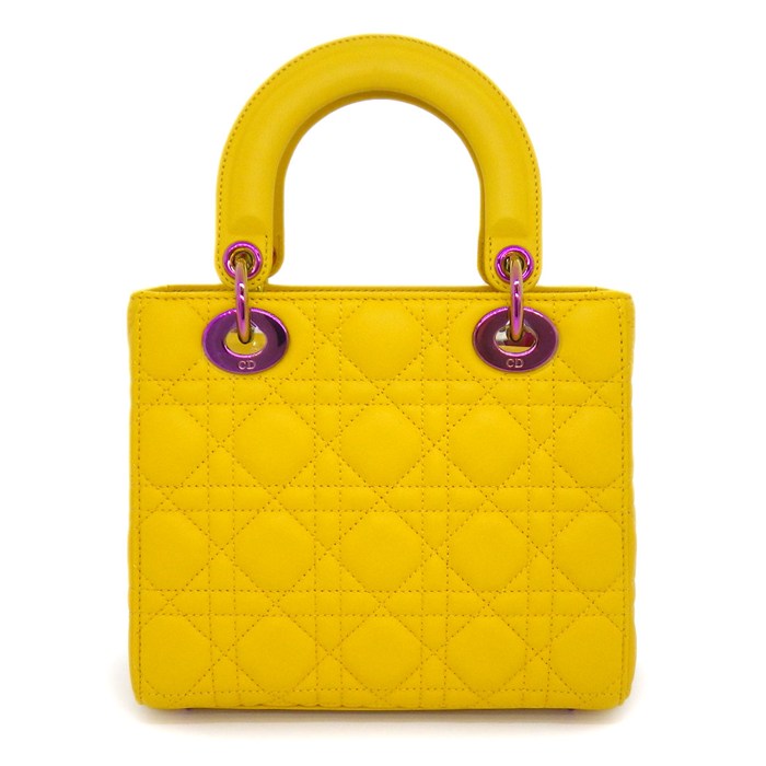 ディオール Dior ハンドバッグ/ショルダーバッグ レディディオール スモール サニーイエロー カナージュラムスキン ピンク金具 【中古】