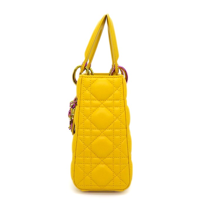 ディオール Dior ハンドバッグ/ショルダーバッグ レディディオール スモール サニーイエロー カナージュラムスキン ピンク金具 【中古】