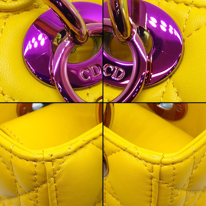 ディオール Dior ハンドバッグ/ショルダーバッグ レディディオール スモール サニーイエロー カナージュラムスキン ピンク金具 【中古】
