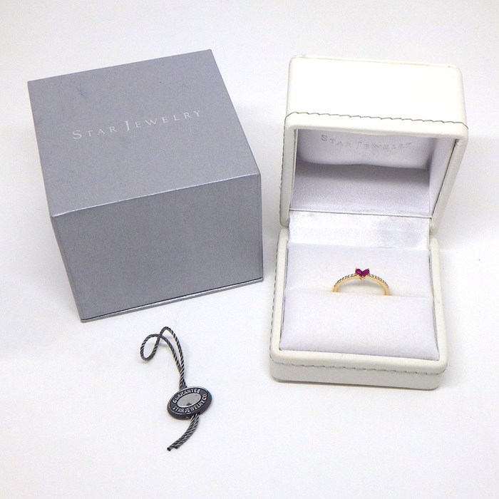 スタージュエリー STAR JEWELRY リング ミステリアス ハート 1ZR1229 3ポイント スクエアカット ルビー 0.15ct ハーフサークル ダイヤモンド 0.08ct K18YG 13号 【中古】