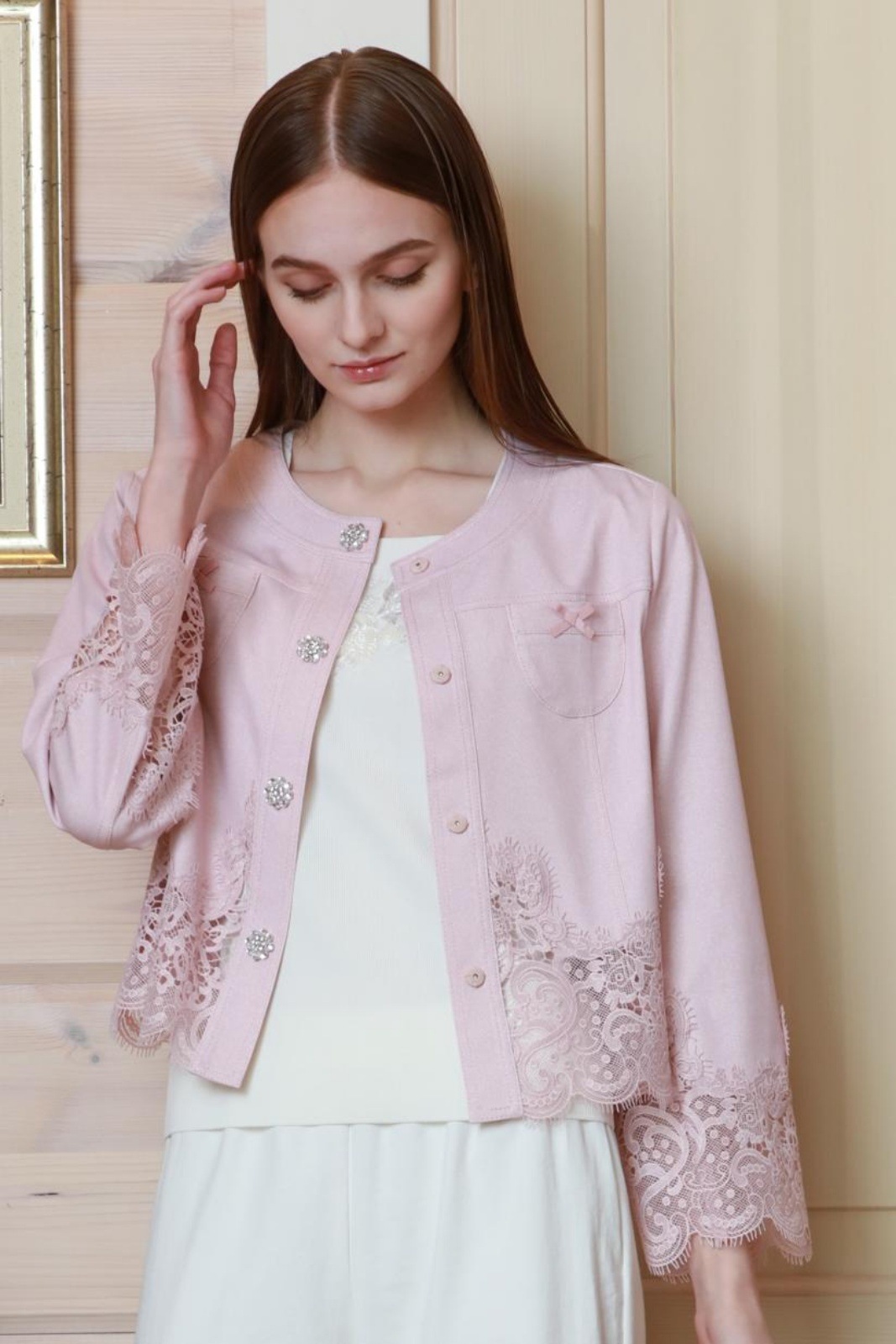 2026年春夏物 裾レース切替転写素材 ノーカラージャケット 2617004 1月