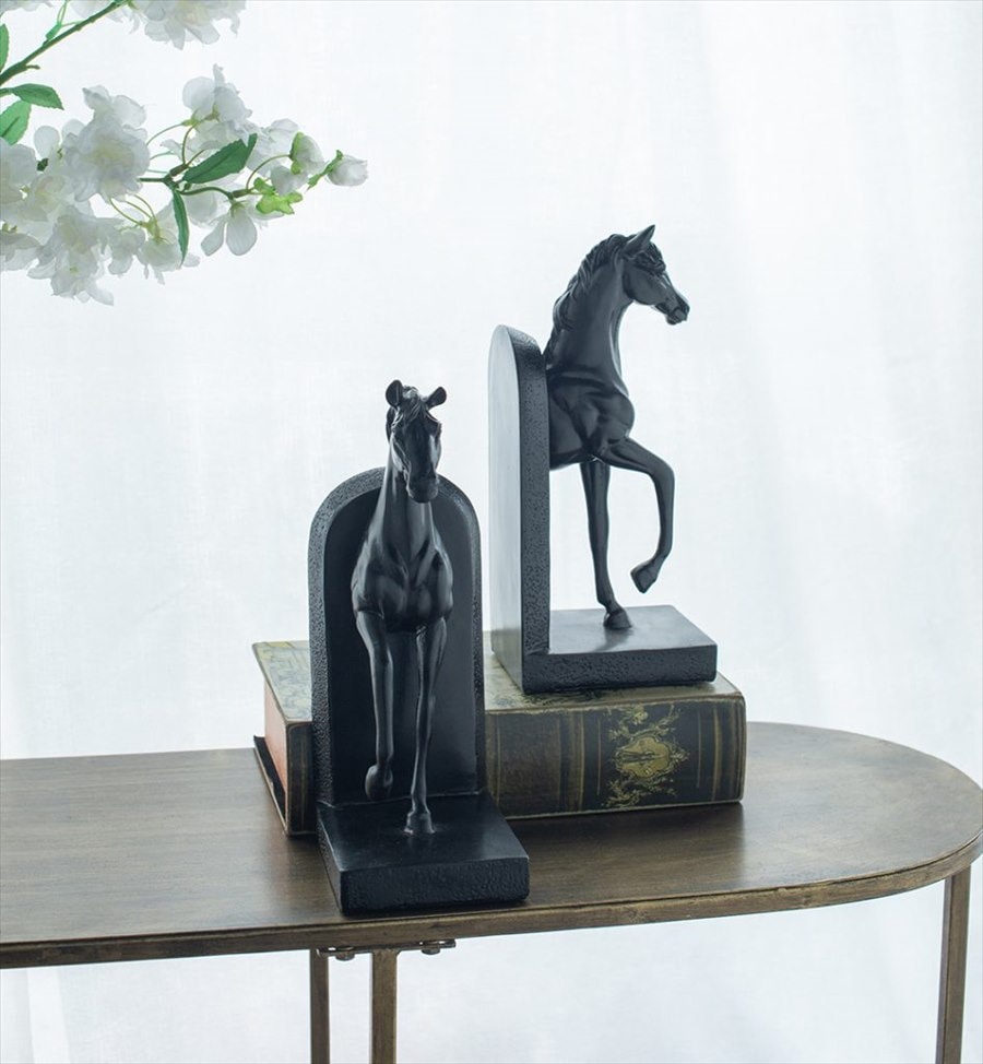 ブックエンド 馬 午 開運 置物 黒 白 茶