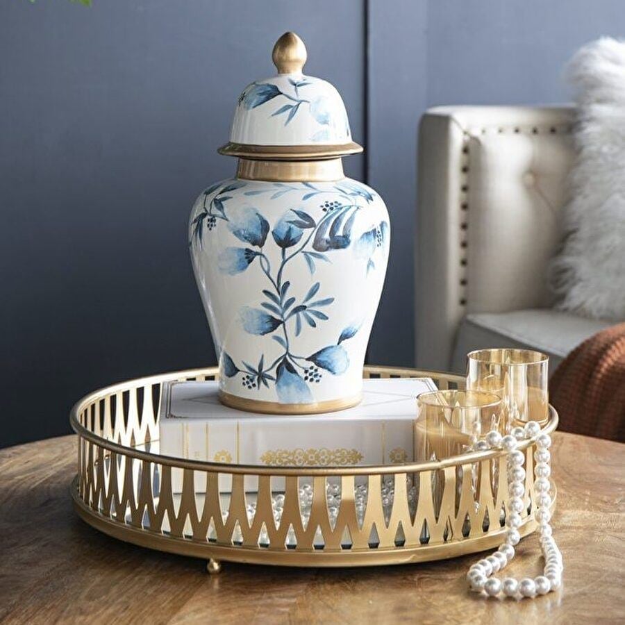 【半額セール】シノワズリ 蓋付壺小 磁器 2サイズ展開 ジャー ディスプレイ カフェ レストラン 店舗 置物 置き物 お菓子入れ