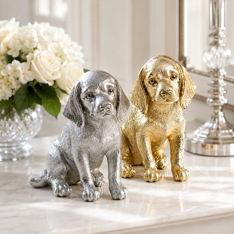 【半額セール】2色展開 子犬 ゴールド シルバー 置物