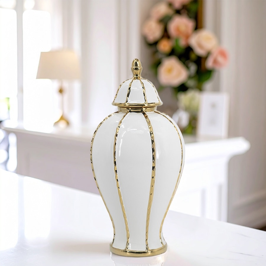 2サイズ展開 蓋付壺L 白 高さ45cm 磁器 ジャー 花びん 花瓶  花器 ディスプレイ置物 置き物