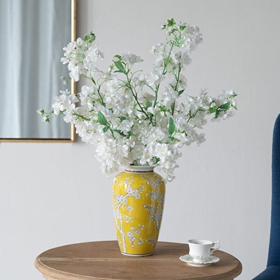 シノワズリ 壺 縦型 イエロー 高さ27cm 磁器 ジャー 花びん 花瓶  花器 ディスプレイ置物 置き物