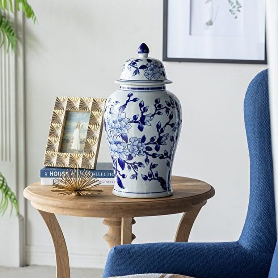 シノワズリ 蓋付壺 高さ46cm 磁器 ジャー 花びん 花瓶  花器  白 青 ブルー ディスプレイ置物 置き物
