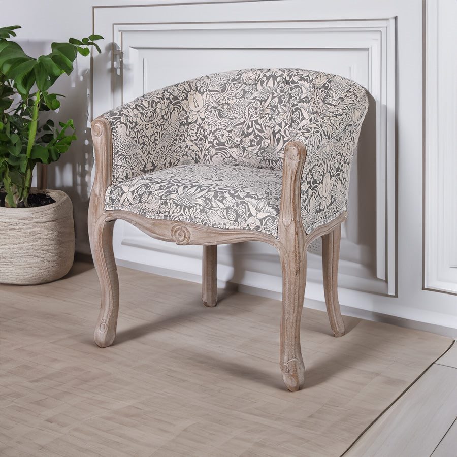 1人掛け ボタン留め ソファ いちご泥棒グレー