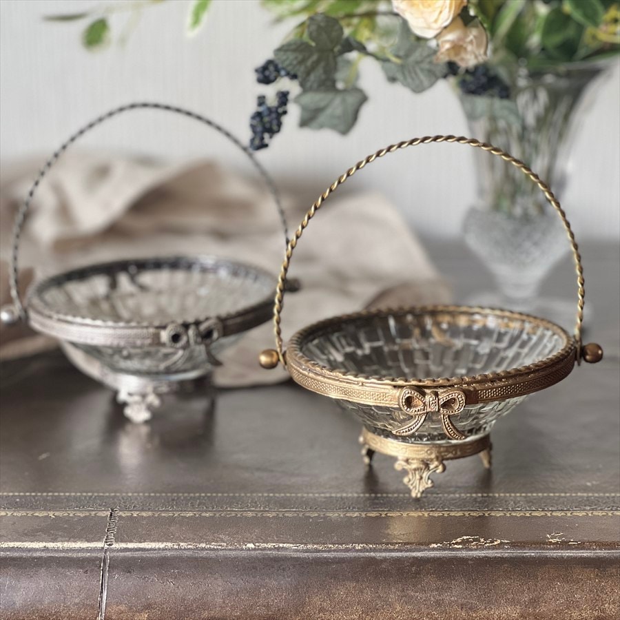 バスケット（取手付き）真鍮×ガラス ゴールド シルバー 