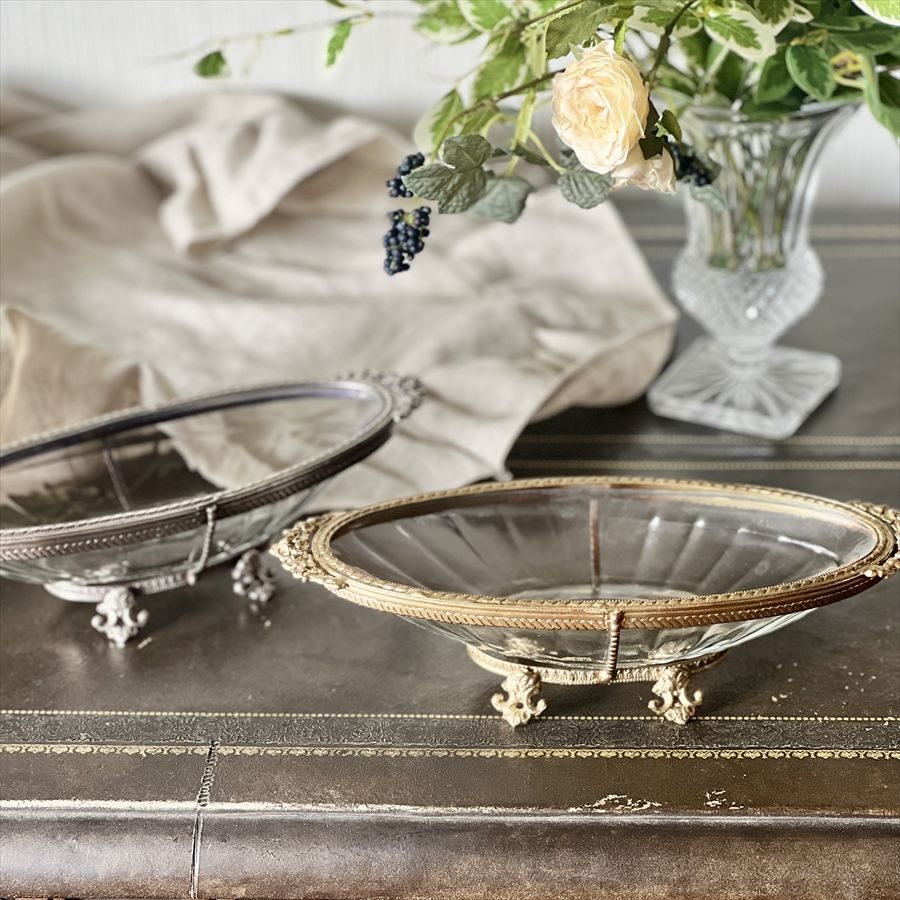 オーバルトレイ 真鍮×ガラス 脚付 ゴールド シルバー
