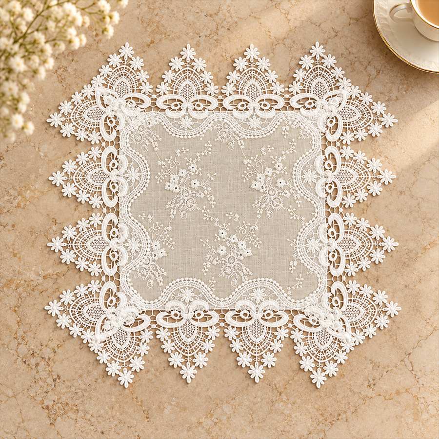 レース ドイリー 40×40cm リネン調 アンティーク調 テーブルセンター 布 おしゃれ 可愛い 手洗い可 小花柄 刺繍 ベージュ