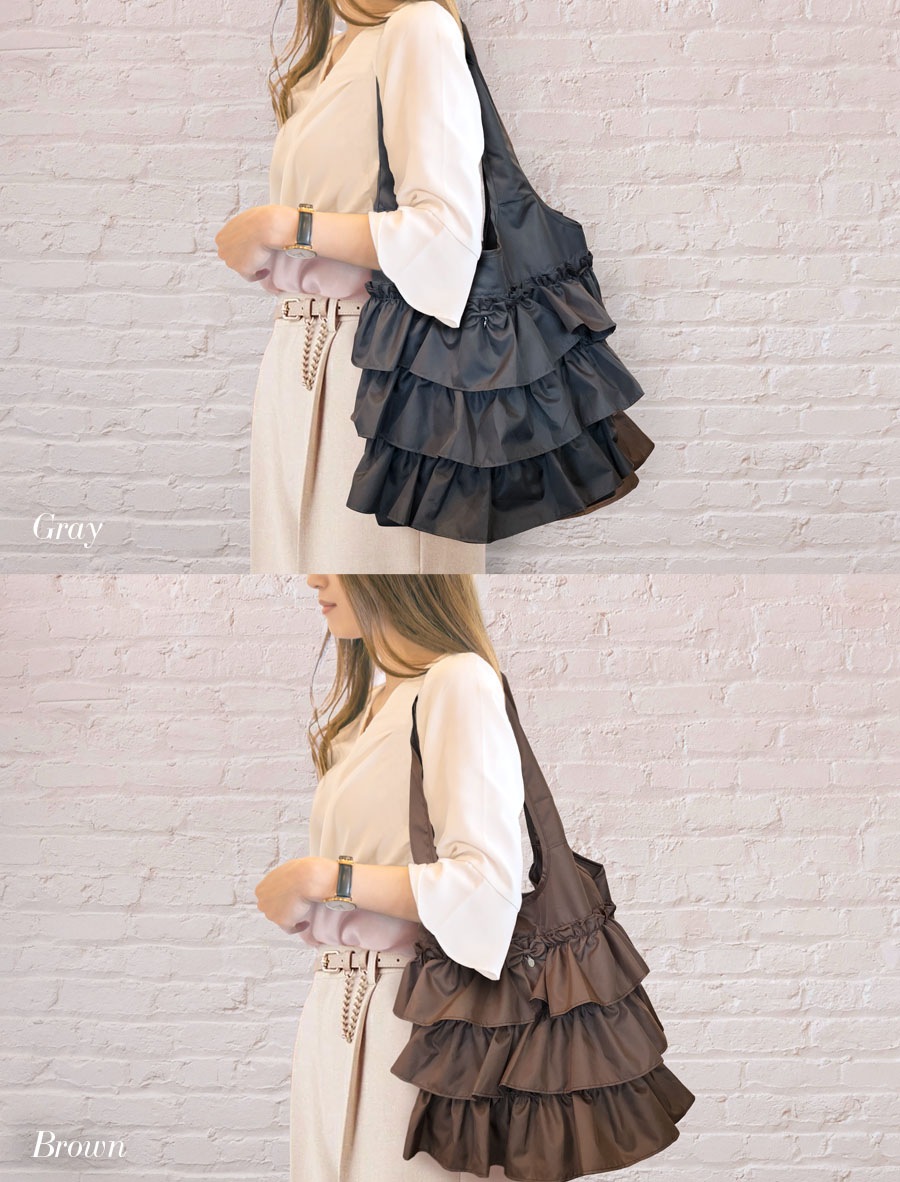 エコバック 3段フリルエコバッグL ストラップ付 軽量 撥水 折りたたみ コンパクト 高レビュー 学校行事 通勤 冠婚葬祭 サブバック