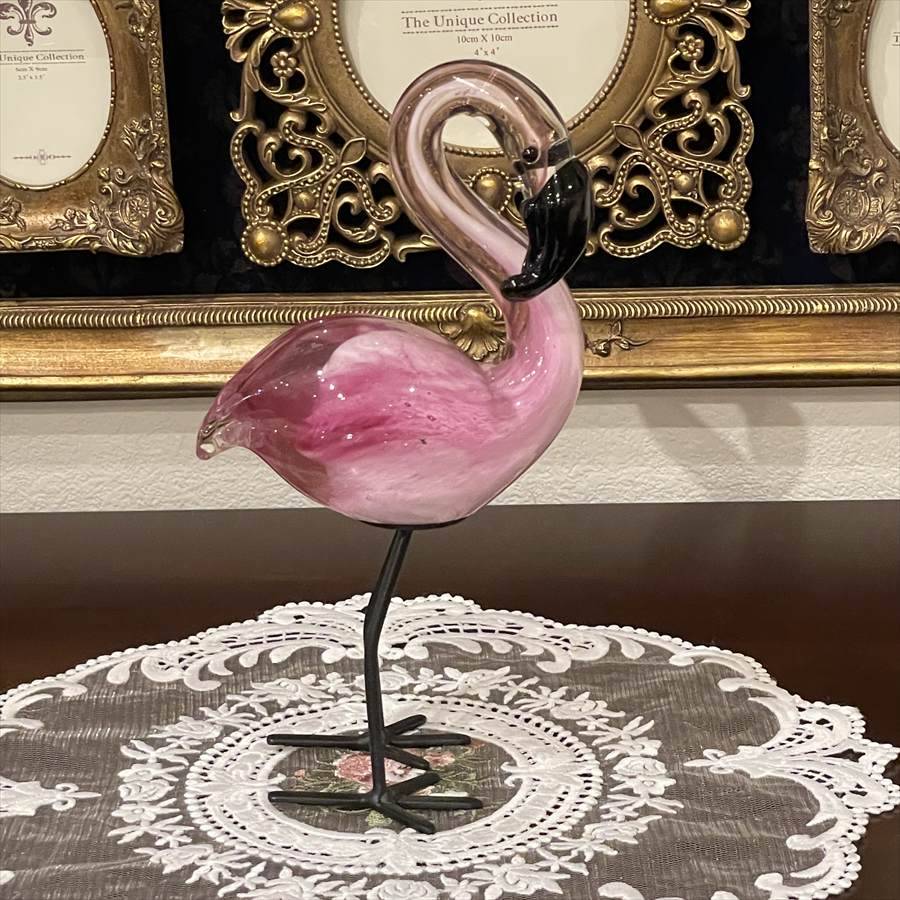 ガラス フラミンゴ 置物  高さ20cm