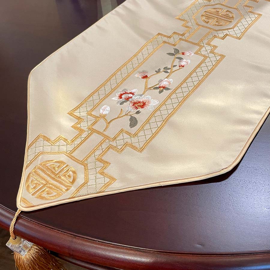 シノワズリ テーブルランナー ベージュ 33x210cm