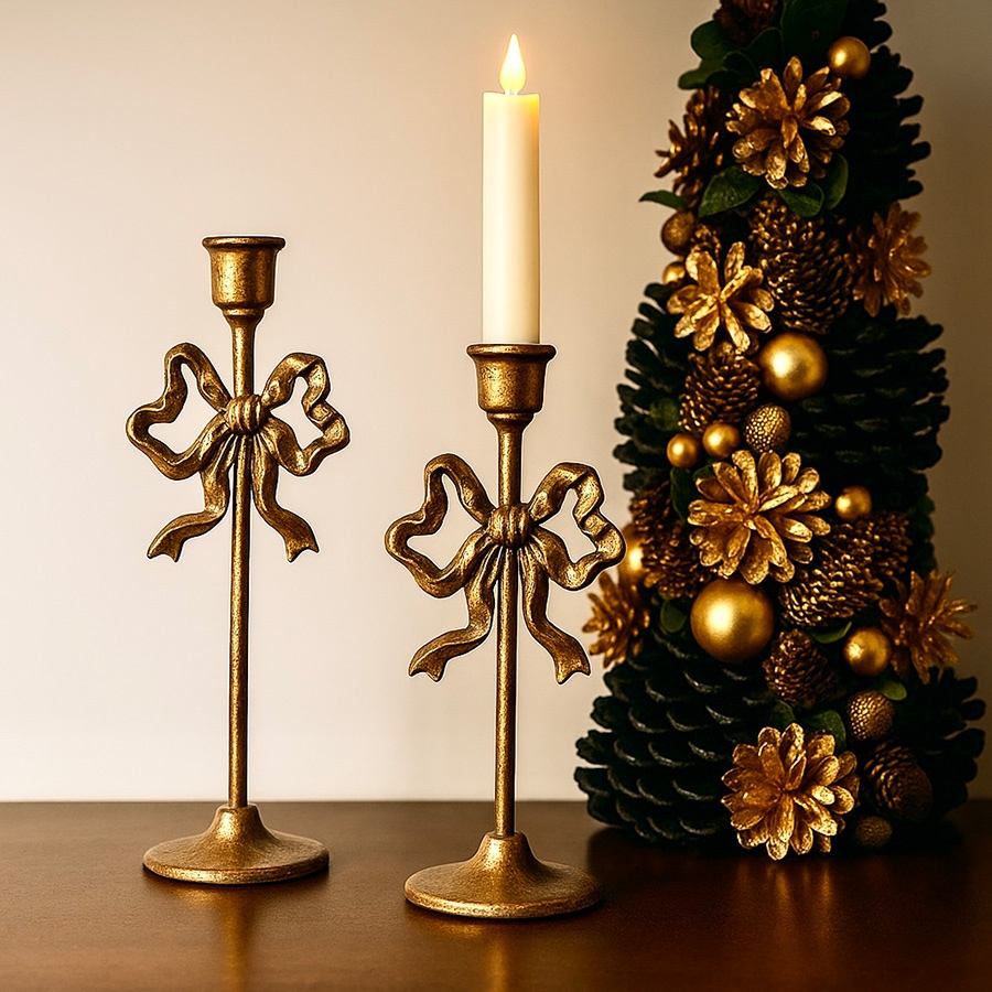 リボンモチーフ キャンドルホルダー 2本セット ゴールド