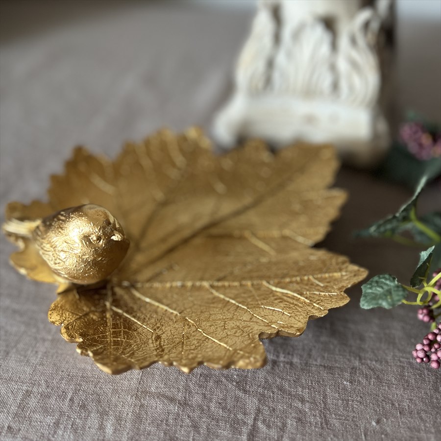 トレイ リーフ 葉 小鳥 ゴールド