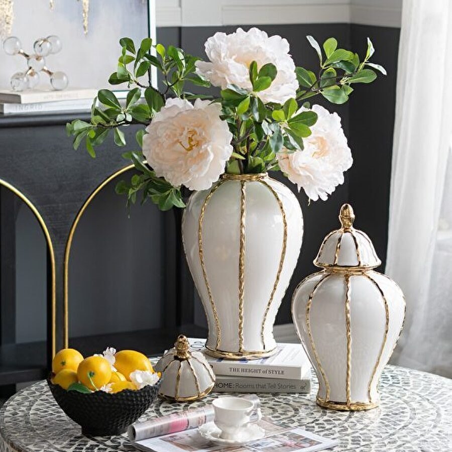 2サイズ展開 蓋付壺L 白 高さ45cm 磁器 ジャー 花びん 花瓶  花器 ディスプレイ置物 置き物