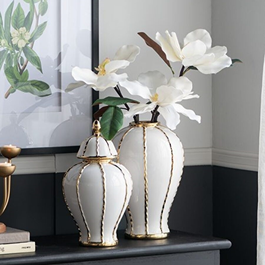 2サイズ展開 蓋付壺S 白 高さ36cm 磁器 ジャー 花びん 花瓶  花器 ディスプレイ置物 置き物