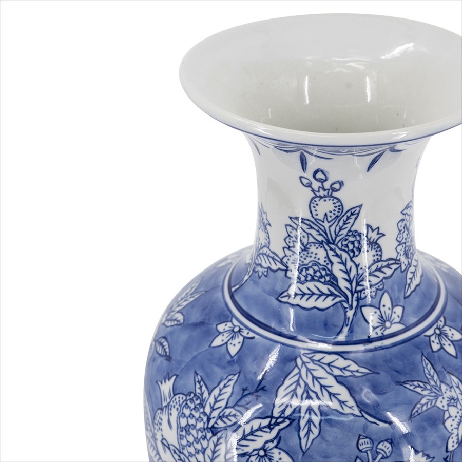シノワズリ 花瓶 大型 青白 陶器 壺 フラワーベース 鳥 ザクロ インテリア