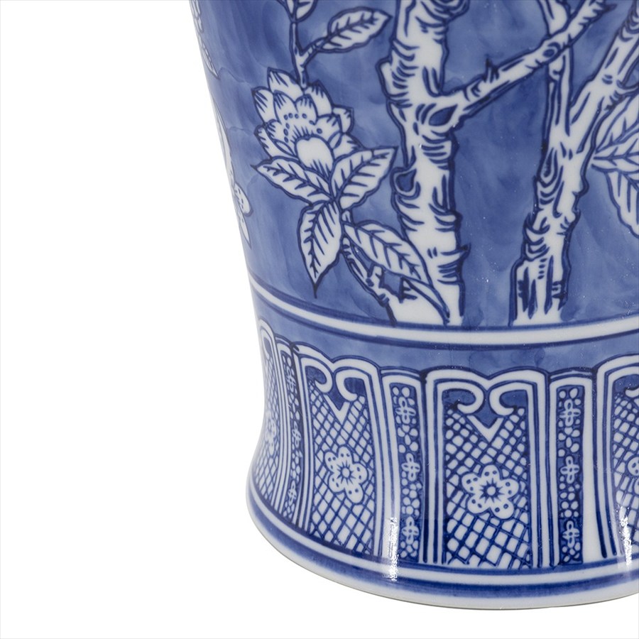 シノワズリ 花瓶 大型 青白 陶器 壺 フラワーベース 鳥 ザクロ インテリア