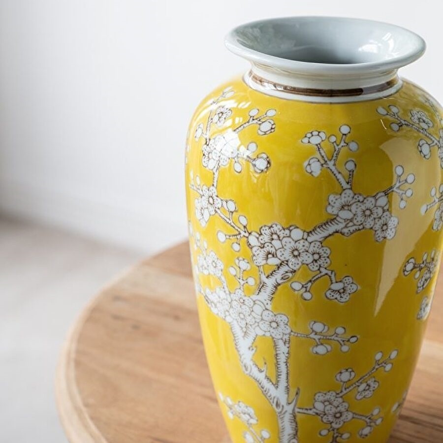 シノワズリ 壺 縦型 イエロー 高さ27cm 磁器 ジャー 花びん 花瓶  花器 ディスプレイ置物 置き物