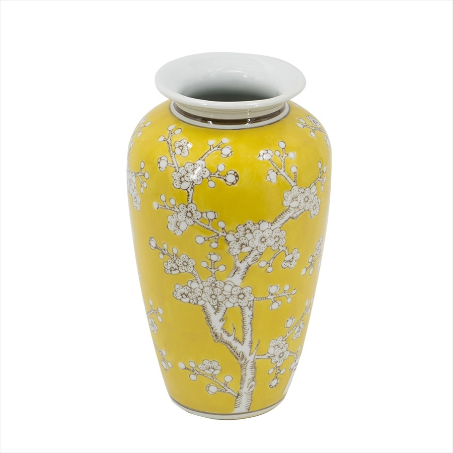 シノワズリ 壺 縦型 イエロー 高さ27cm 磁器 ジャー 花びん 花瓶  花器 ディスプレイ置物 置き物