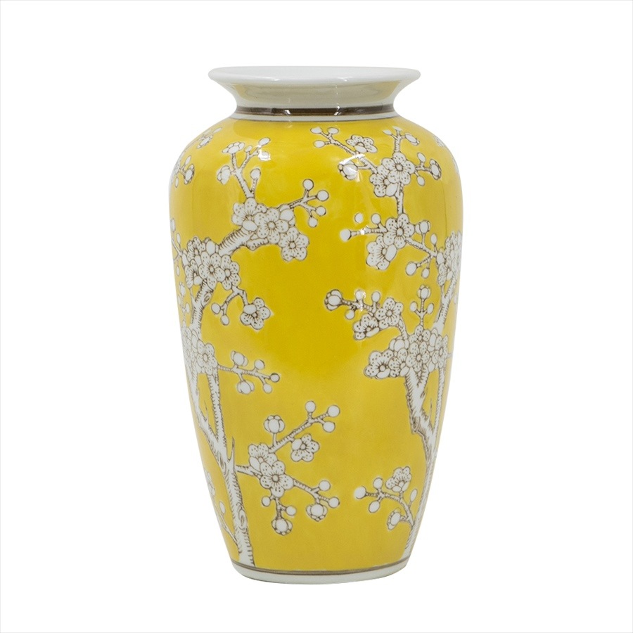 シノワズリ 壺 縦型 イエロー 高さ27cm 磁器 ジャー 花びん 花瓶  花器 ディスプレイ置物 置き物