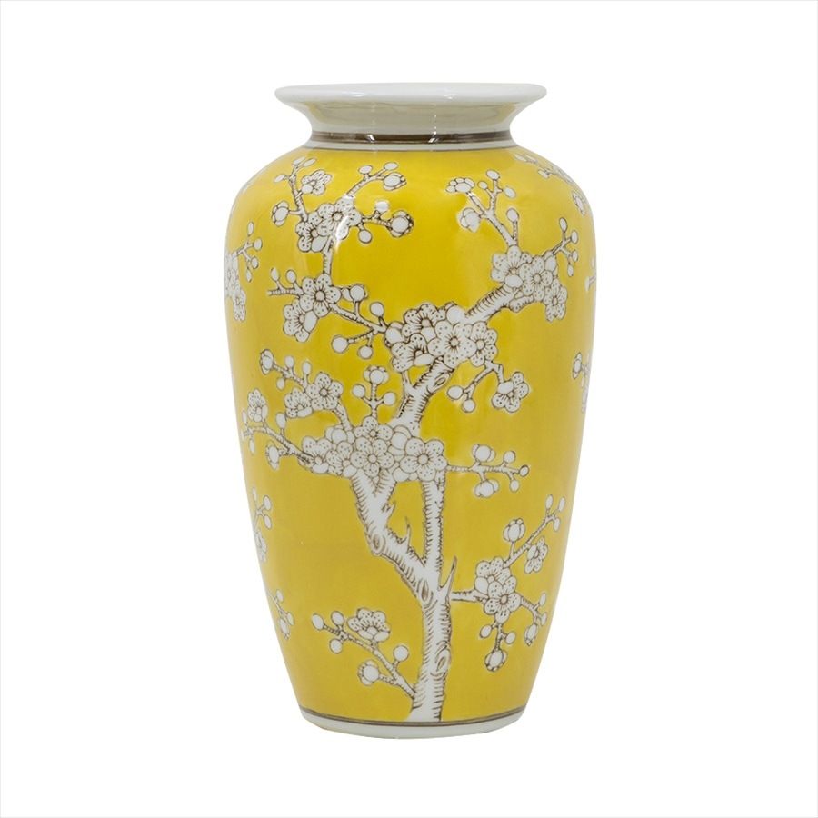 シノワズリ 壺 縦型 イエロー 高さ27cm 磁器 ジャー 花びん 花瓶  花器 ディスプレイ置物 置き物