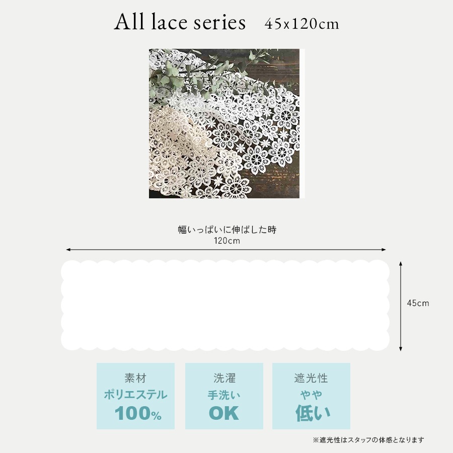 4サイズ展開 all lace カフェカーテン 45x120cm ホワイト