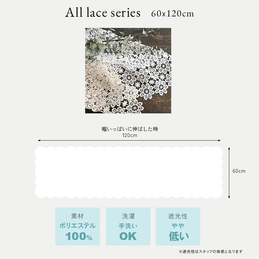 4サイズ展開 all lace カフェカーテン 60x120cm ホワイト