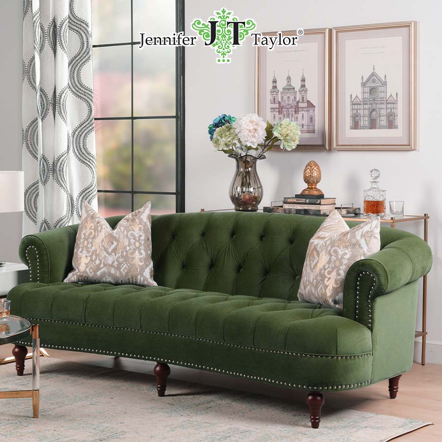 ジェニファーテイラー 3人掛け ソファ La Rosa 幅215cm ベロア グリーン 36002SF-V036