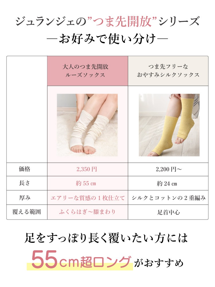 大人のつま先開放 シルクルーズソックス 55cm