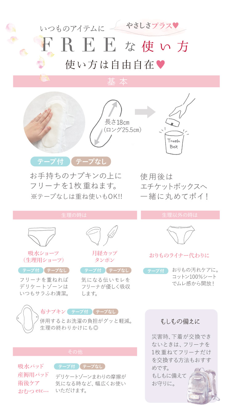 使い捨て布ナプキン フリーナ W体験お試し2枚入 [ テープ付き1枚・テープなし1枚/お一人様5セットまで｜ 正規品 ]FREENA 生理用品 (日本製)