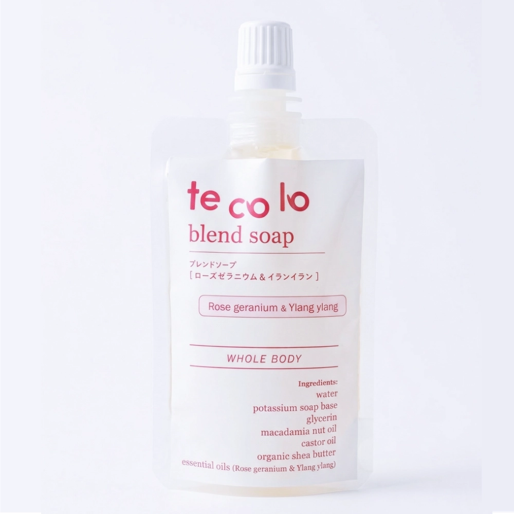 トラベル用50ml・tecoloブレンドソープ ローズゼラニウム＆イランイラン／無添加 旅行用 ボディソープ 洗顔OK！ 肌に優しい 敏感肌にも【ネコポOK・3個まで】