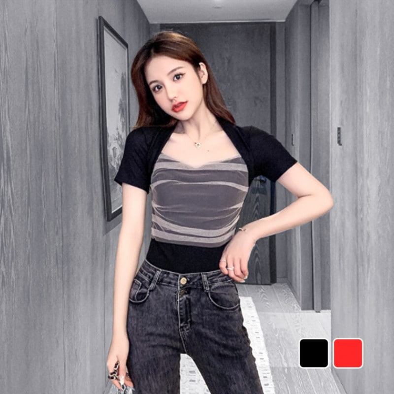 Ｔシャツ 半袖 チュール レディース 無地 トップス 薄手 ボレロ風 セクシー 薄手 透け感 シンプル 大人可愛い 韓国風 韓流 春夏秋冬 新作 ブラック 黒 レッド 赤 フリーサイズ JOCOSA 7007 送料無料 即納