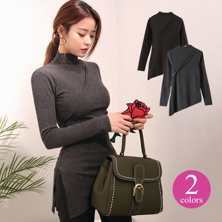 トップス レディース 長袖 秋 冬 リブ 縦ライン ハイネック ボトルネック 裾斜め 個性的 シンプル アシンメトリー ブラック グレー JOCOSA 8940 送料無料 即納