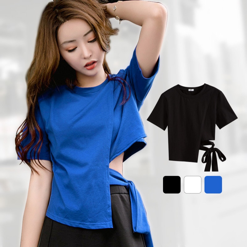 Ｔシャツ レディース 半袖 リボン アシンメトリー サイド開き 肌見せ 春 夏 トップス 無地 綿 セクシー コットン カットソー 薄手 カジュアル ブラック ホワイト ブルー黒 白 青 JOCOSA 8964 送料無料 即納