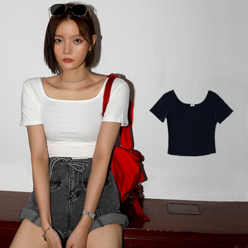 スクエアネック半袖Ｔシャツ レディース 春夏秋冬 新作 トップス カットソー 無地 シンプル カジュアル タイト セクシー おしゃれ 可愛い 韓国風 韓流 ブラック 黒 ホワイト 白 SML JOCOSA 8971 送料無料 即納