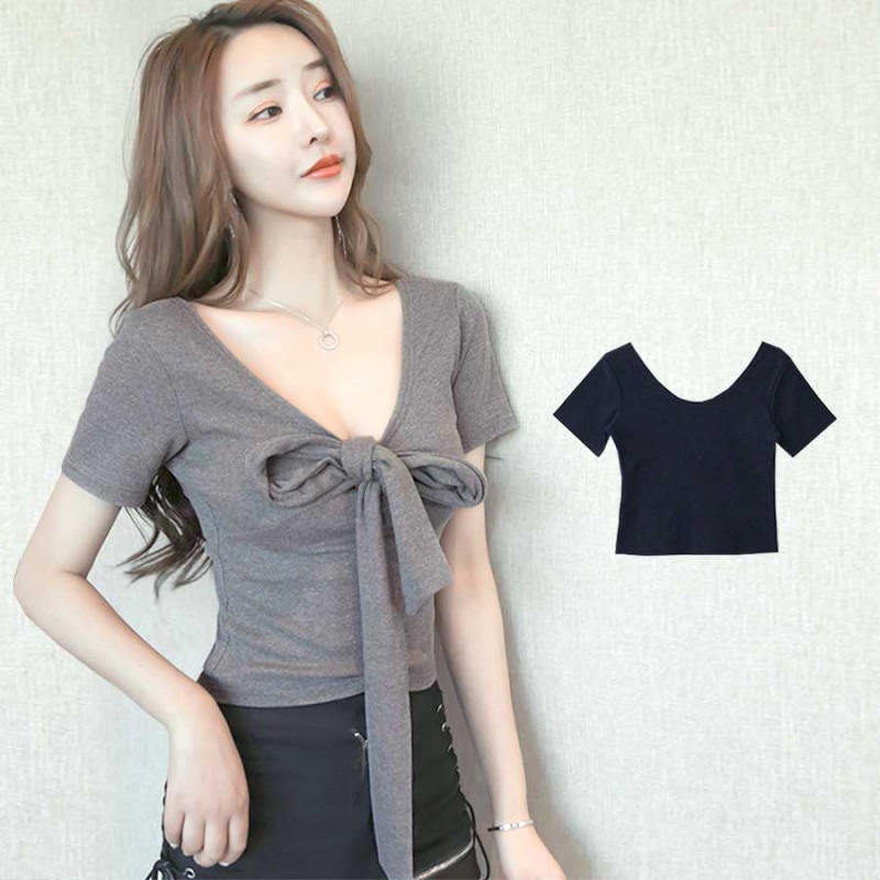2wayリボン付きリブトップス レディース 春夏秋冬 新作 半袖 薄手 バックリボン 切替 背中見せ セクシー フェミニン おしゃれ 大人可愛い 韓国風 韓流 ブラック 黒 グレー SML JOCOSA 8974 送料無料 即納