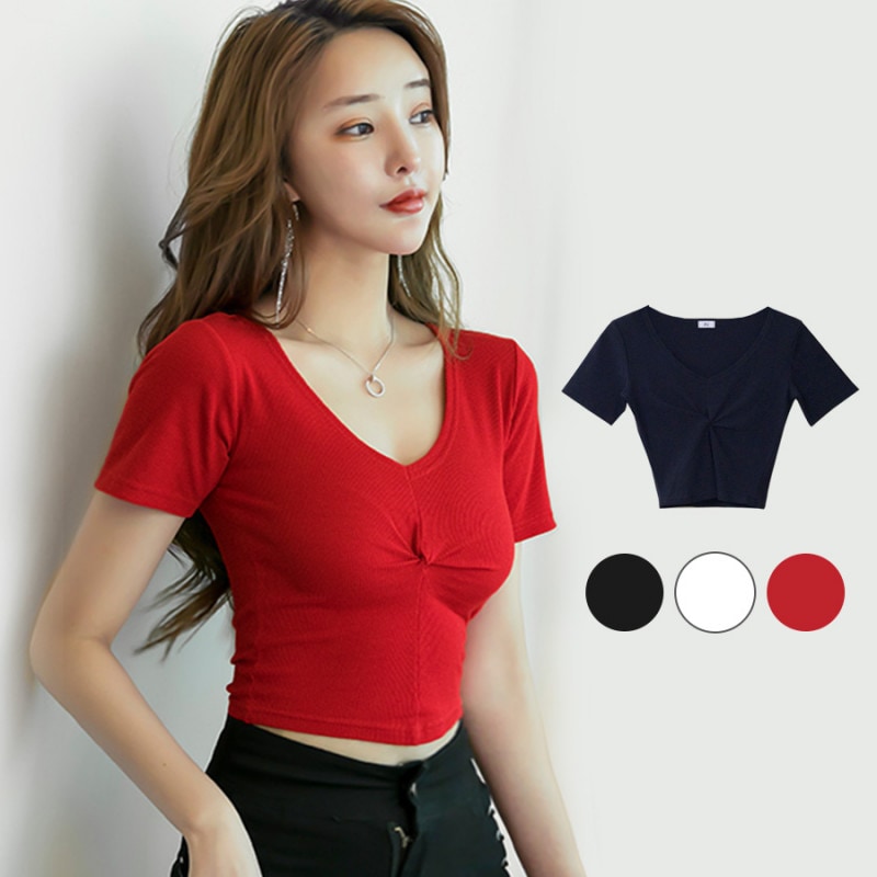 Vネックツイストリブ半袖トップス レディース 春夏秋冬 新作 薄手 Tシャツ カットソー クロップド丈 ねじり ひねり へそ出し タイト 無地 セクシー おしゃれ 大人可愛い 韓国風 韓流 ブラック 黒 ホワイト 白 レッド 赤 SML JOCOSA 8975 送料無料 即納