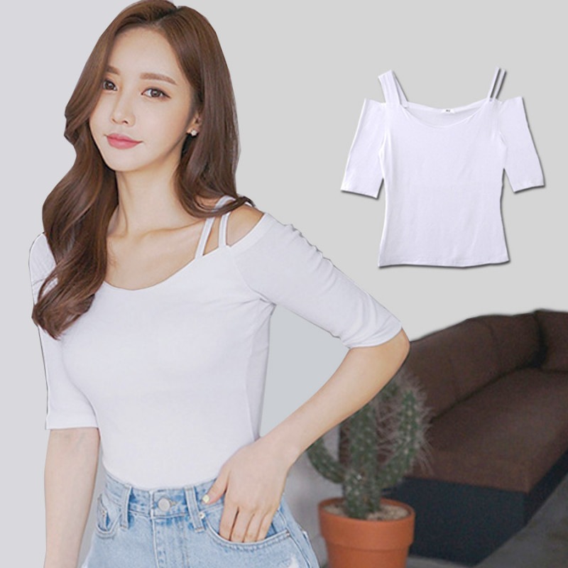 肩開きアシンメトリーストラップトップス レディース 春夏秋冬 新作 五分袖 カットソー ロング丈 無地 シンプル カジュアル タイト セクシー おしゃれ 可愛い 韓国風 韓流 ホワイト 白 SML JOCOSA 8976 送料無料 即納