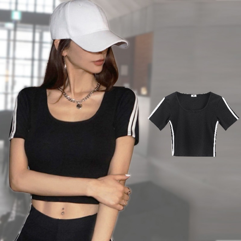 トップス 半袖 レディース 春夏秋冬 新作 カットソー へそ出し ショート丈 ライン シンプル ストリート スポーティー カジュアル セクシー おしゃれ 可愛い 韓国風 韓流 スクエアネック ブラック 黒 SML JOCOSA 8977 送料無料 即納