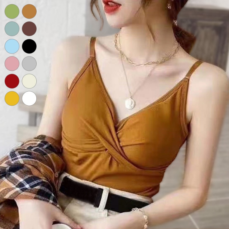 カップ付きキャミソール レディース 春夏秋冬 新作 トップス ブラトップ インナー おしゃれ 大人可愛い 韓国風 グリーン ターコイズ ブルー ピンク レッド マスタード キャメル ブラウン ブラック グレー アイボリー ホワイト フリーサイズ JOCOSA 8989 送料無料 即納