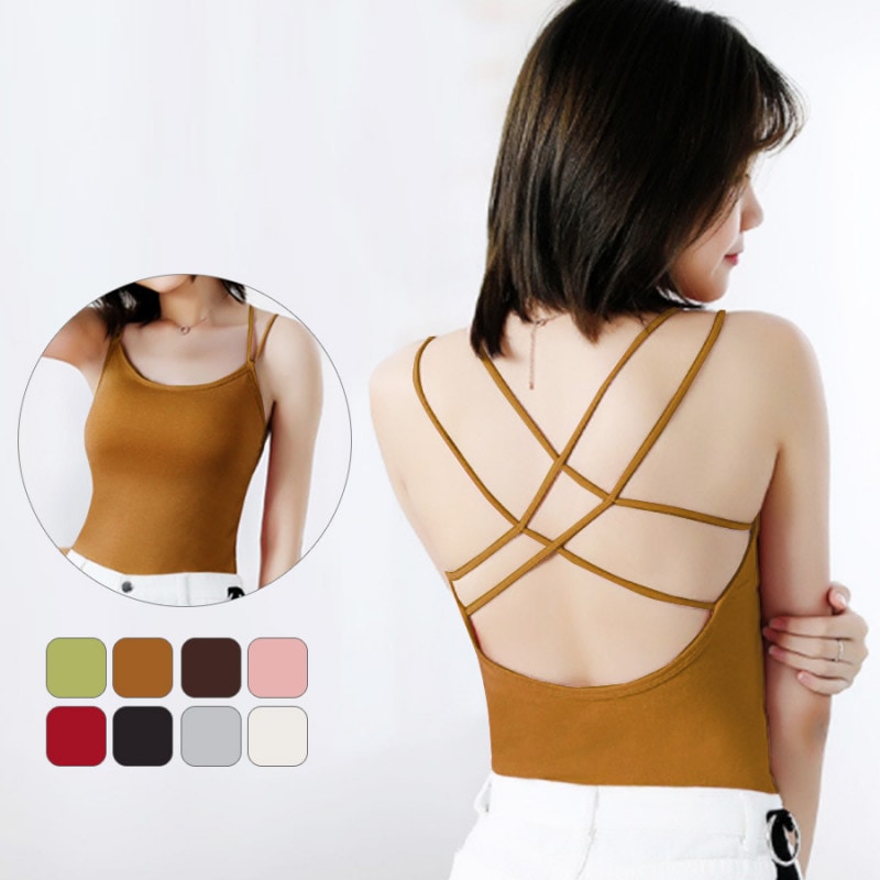 カップ付きキャミソール レディース 春夏秋冬 新作 インナー バッククロス トップス ブラトップ 背中見せ 肌見せ セクシー おしゃれ 可愛い 韓国風 グリーン 緑 キャメル ブラウン ピンク レッド 赤 ブラック 黒 グレー ホワイト 白 フリーサイズ JOCOSA 8992 送料無料 即納