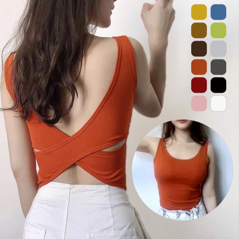 カップ付きタンクトップ レディース 春夏秋冬 新作 インナー バッククロス トップス ブラトップ 背中見せ 韓国風 マスタード キャメル ブラウン オレンジ レッド 赤 ピンク ブルー 青 グリーン 緑 グレー ブラック 黒 ホワイト 白 フリーサイズ JOCOSA 8993 送料無料 即納