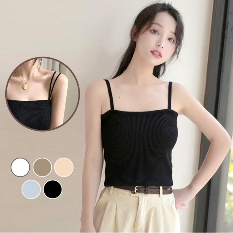 ニットトップス キャミソール ダブルストラップ レディース 無地 華奢見せ セクシー シンプル 大人可愛い 韓国風 韓流 サマーニット レディース 春夏秋冬 新作 ホワイト 白 グレージュ ベージュ グレー ブラック 黒 フリーサイズ JOCOSA 7003 送料無料 即納