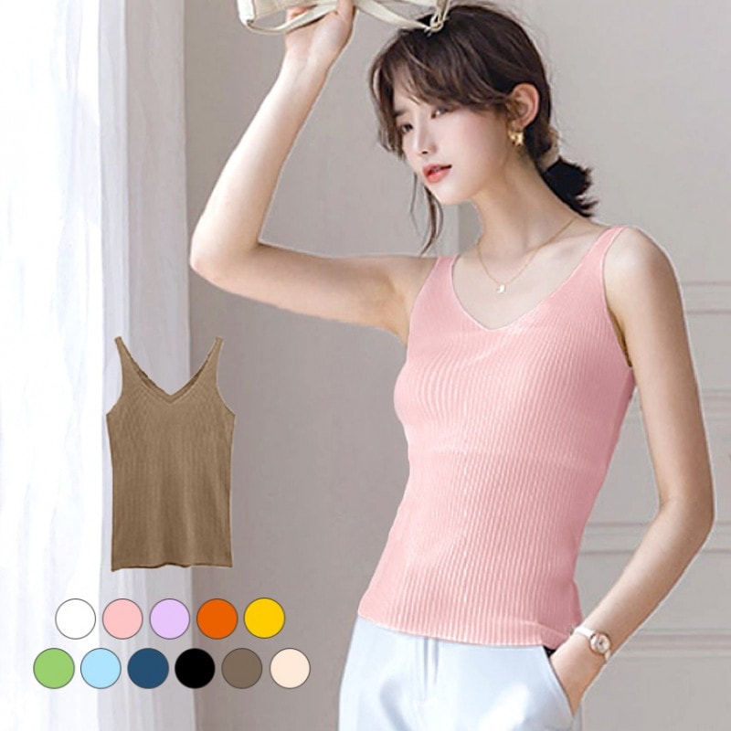 ニットトップス ノースリーブ Ｖネック レディース 無地 インナー 韓国 サマーニット 春夏秋冬 新作 ホワイト 白 ピンク ラベンダー オレンジ マスタード グリーン 緑 ライトブルー ブルー 青 ブラック 黒 グレージュ ベージュ フリーサイズ JOCOSA 7004 送料無料 即納