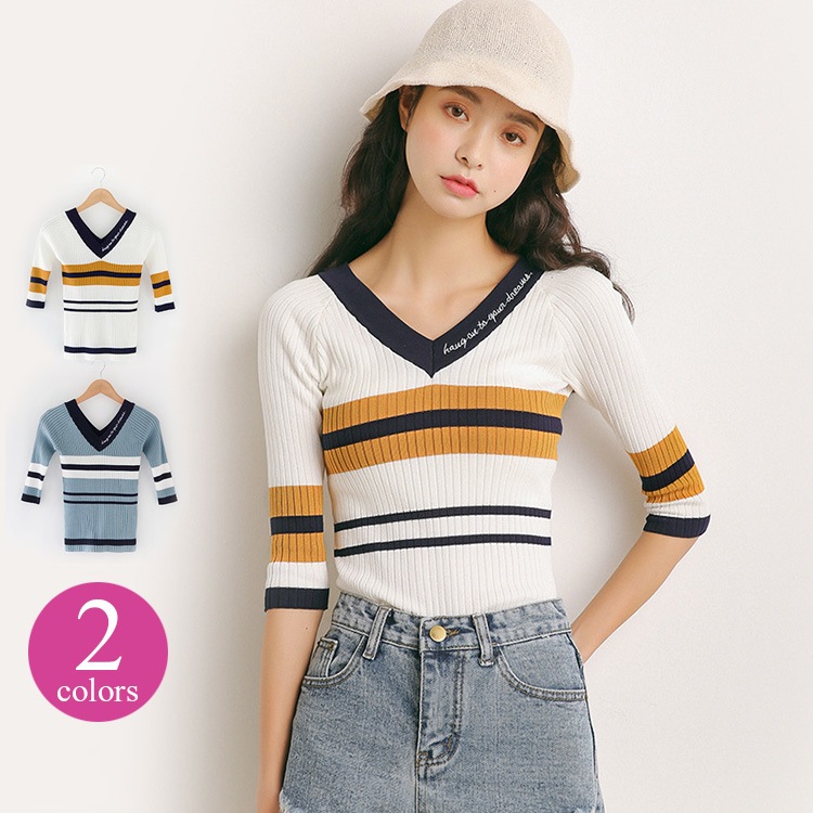トップス レディース ニット リブ マルチボーダー Ｖネック ライン 春 夏 秋 セーター タイト ストレッチ 薄手 ホワイト ネイビー ブルー イエロー 白 青 黄色 JOCOSA メール便送料無料 即納 8093 初秋
